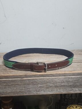Vineyard Vines Leather And Fabric Green Silk Shamrock Belt